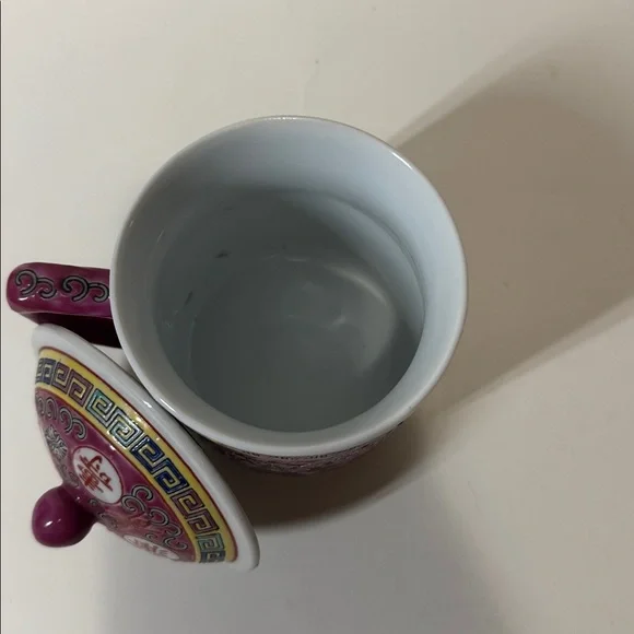 Vintage Mun Shou Rose Pink Famille Rose Porcelain Tea Mug with Lid - Mid-Century - Picture 5 of 6